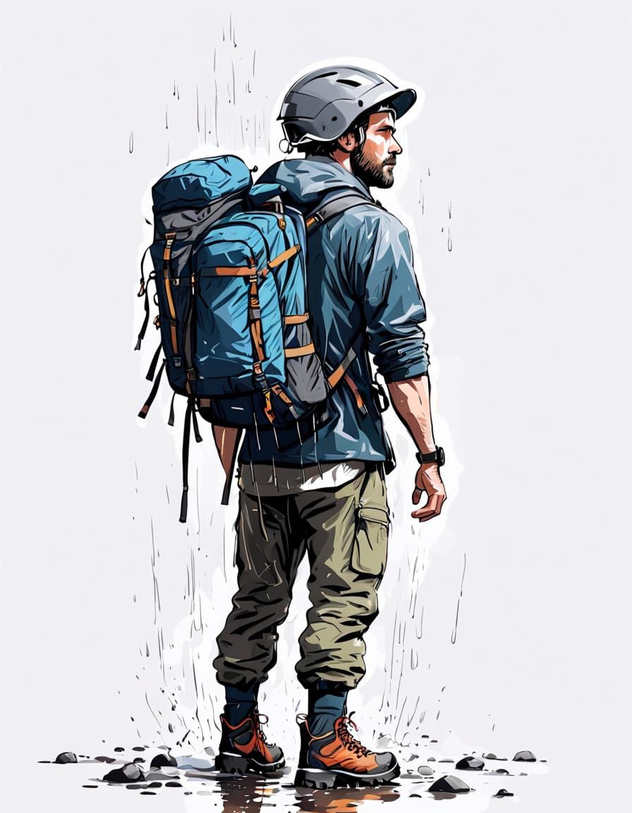 Unhappy Wet Tourist in Minimalist Sketch Style