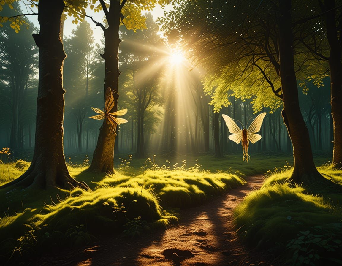 Magical Sunlit Meadow with Fairies in Oil Painting Style