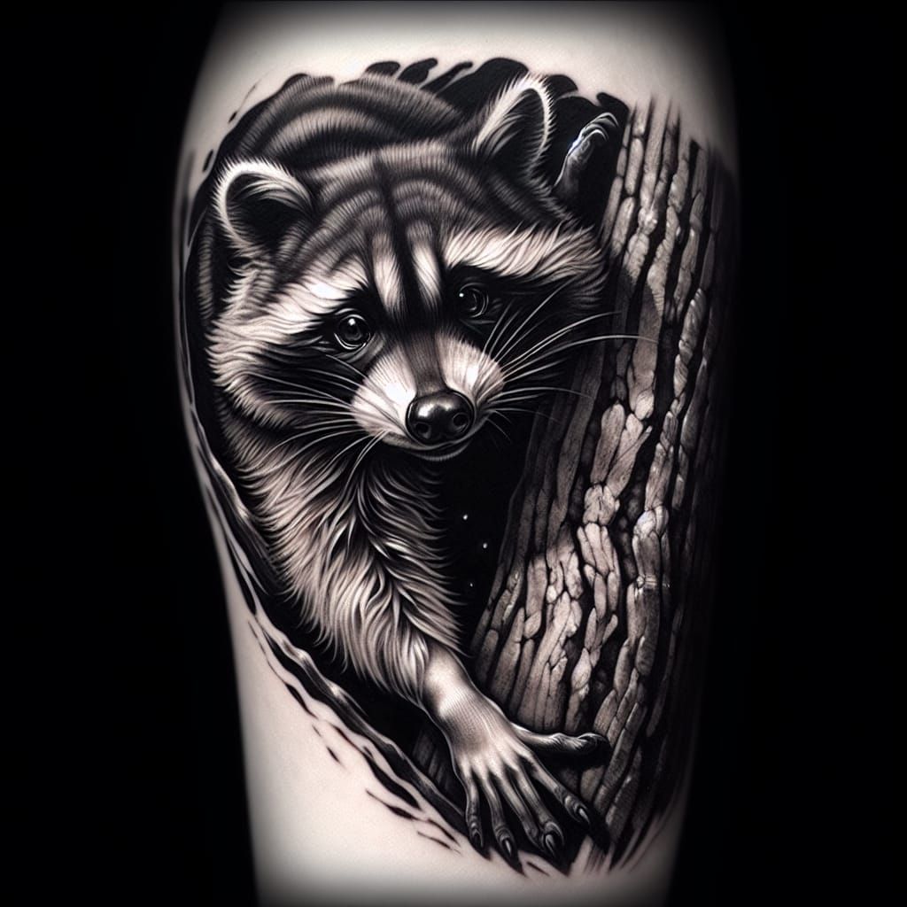 chiaroscuro tattoo of a curious raccoon climbing downwards a...