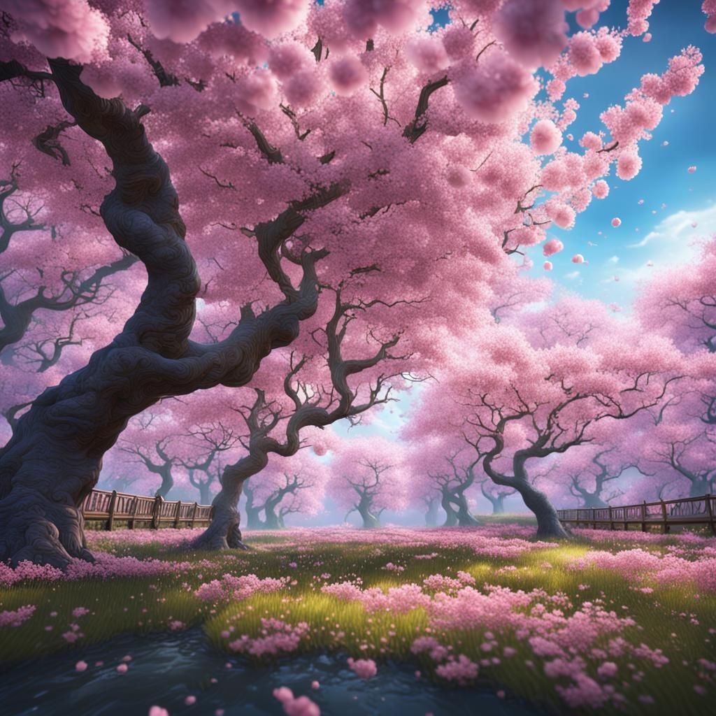 Cherry Blossom Orchard in Fantasy Concept Art Style