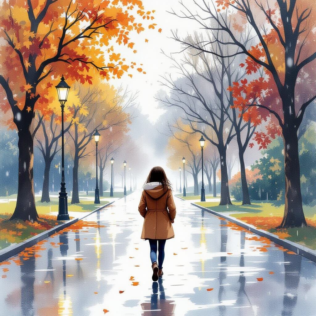 Girl in Brown Coat in Rainy Autumn Park at Twilight