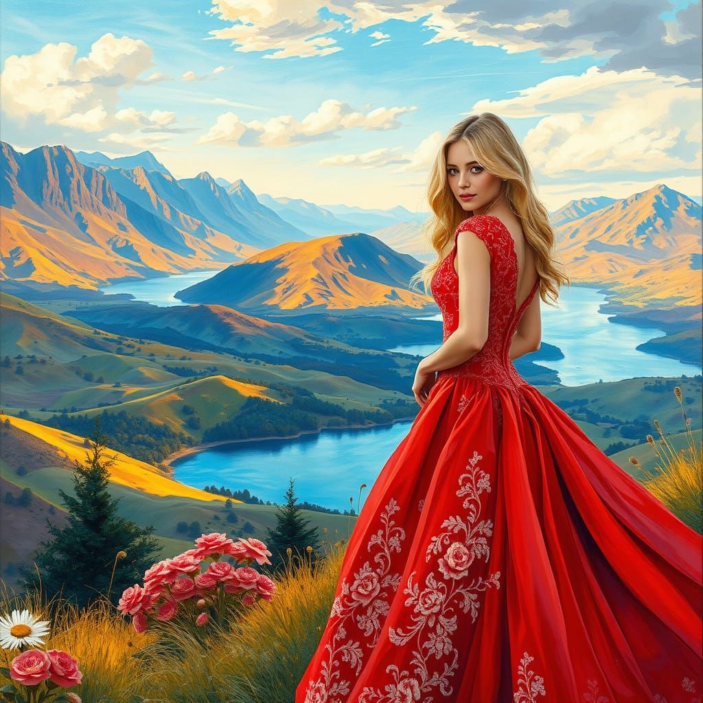Impressionist Goddess in Majestic Landscape