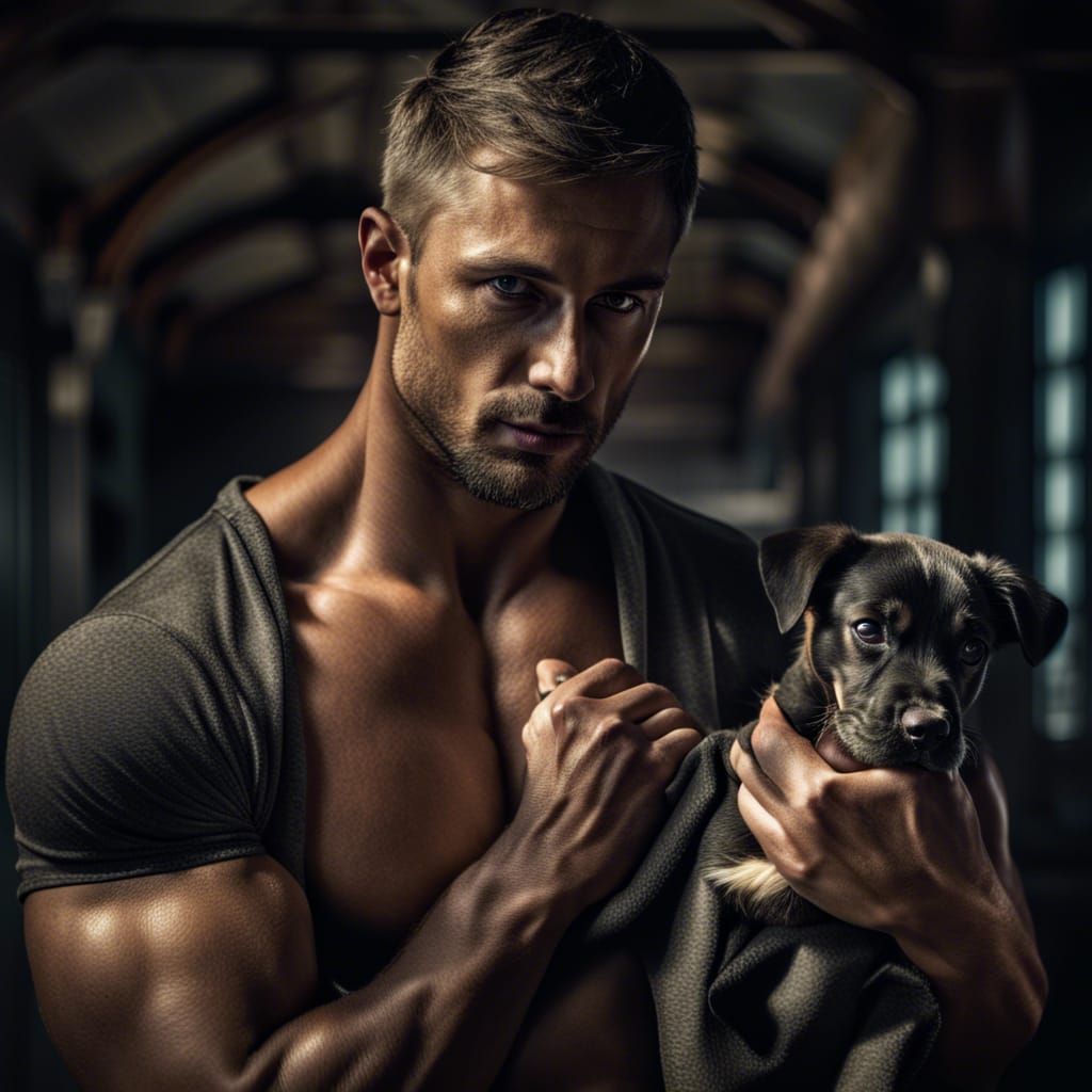 Hyperrealistic Muscled Model with Puppy
