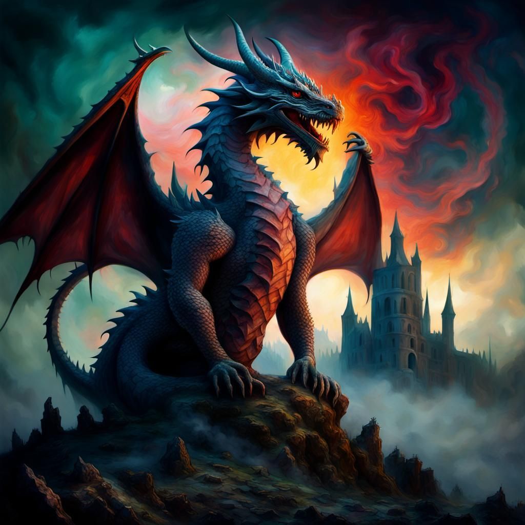 Surreal Medieval Dragon in Dreamlike Landscape