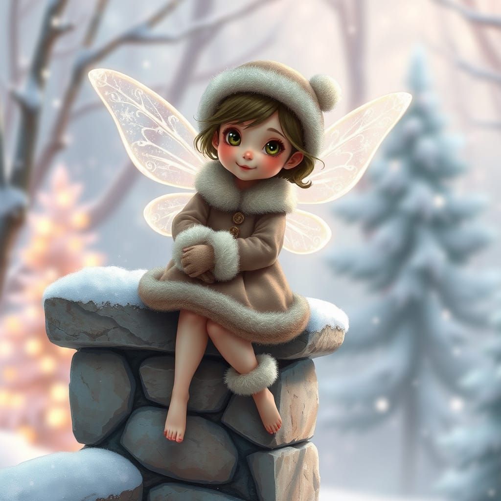 Miniature Winter Fairy Sits on Snowy Wall