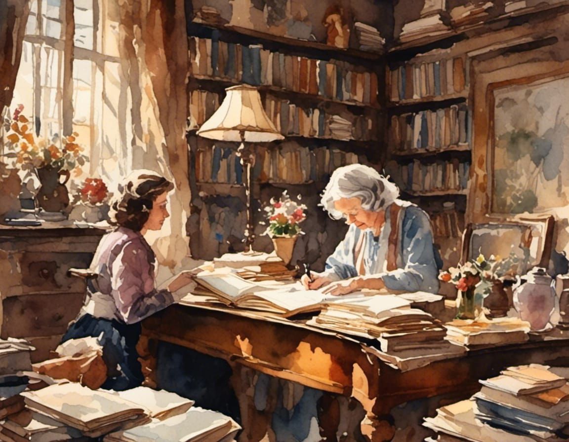 Watercolor: Elderly Woman Writing Memoirs in Cozy Library