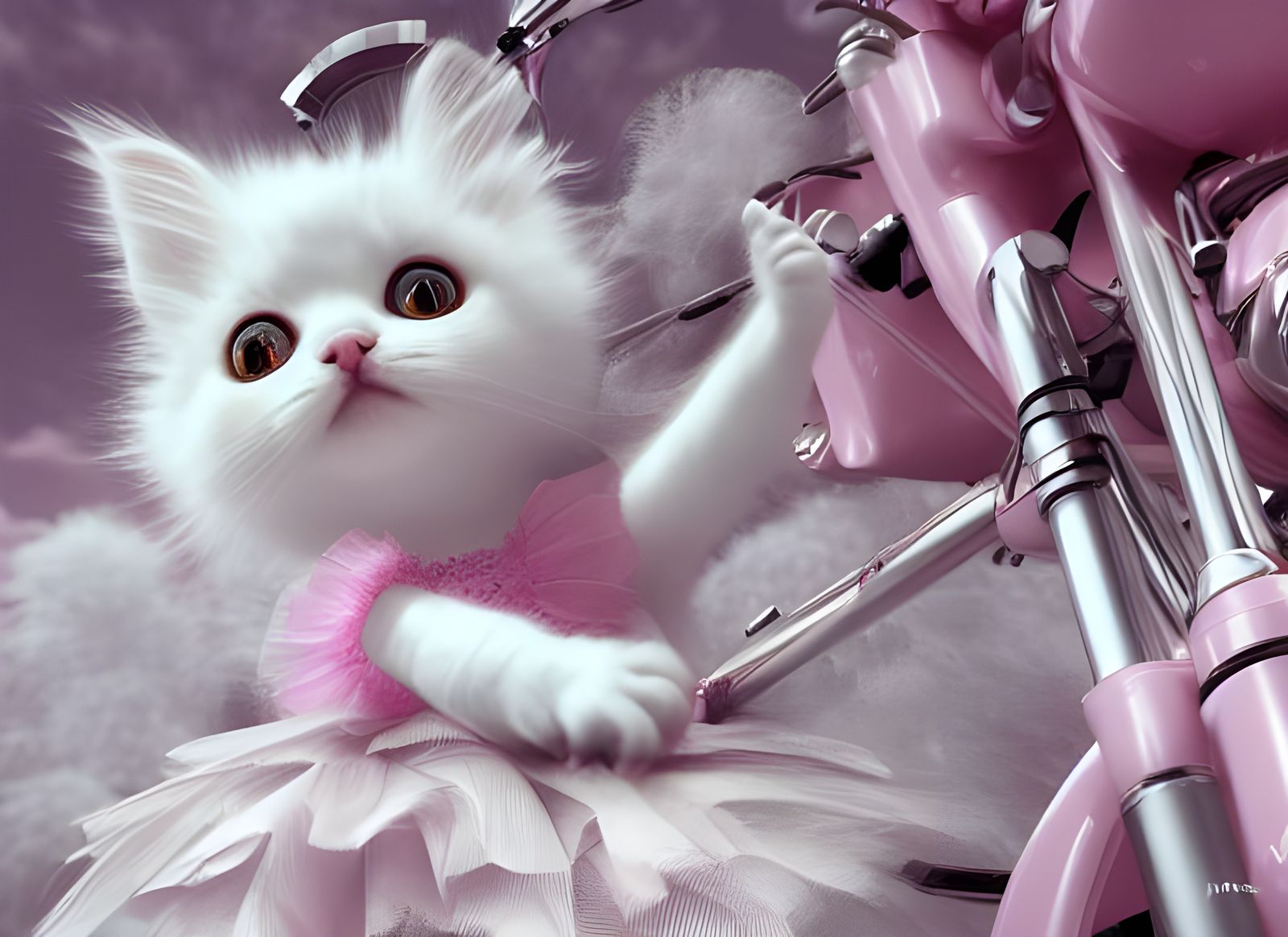Kitten Ballerina on Motorcycle: Pastel Surrealism