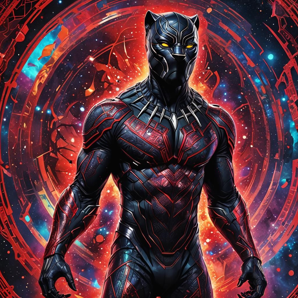 Red Black Panther Suit: Holographic Cosmic Illustration