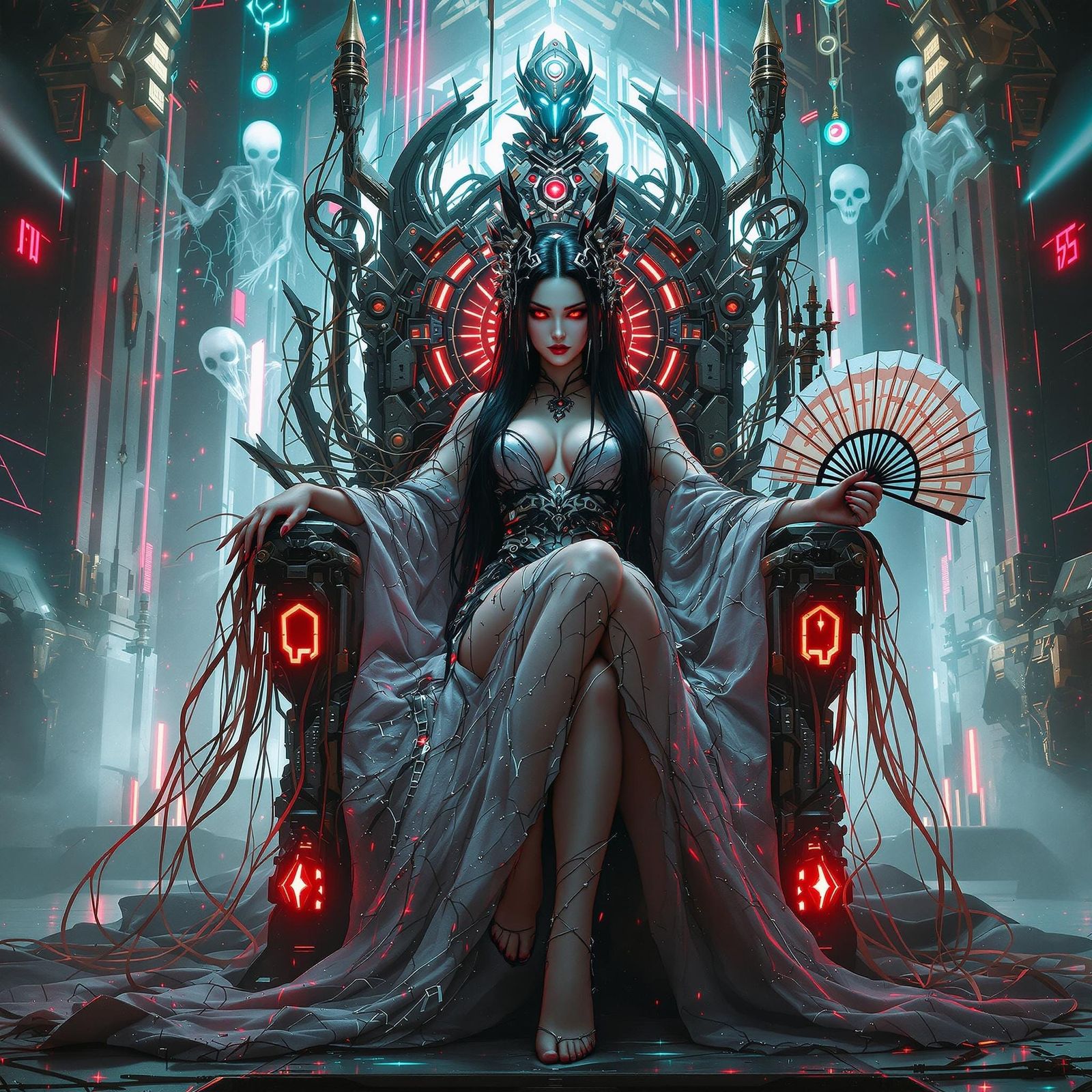 Cyberpunk Geisha on Metal Throne in Anne Stokes Style