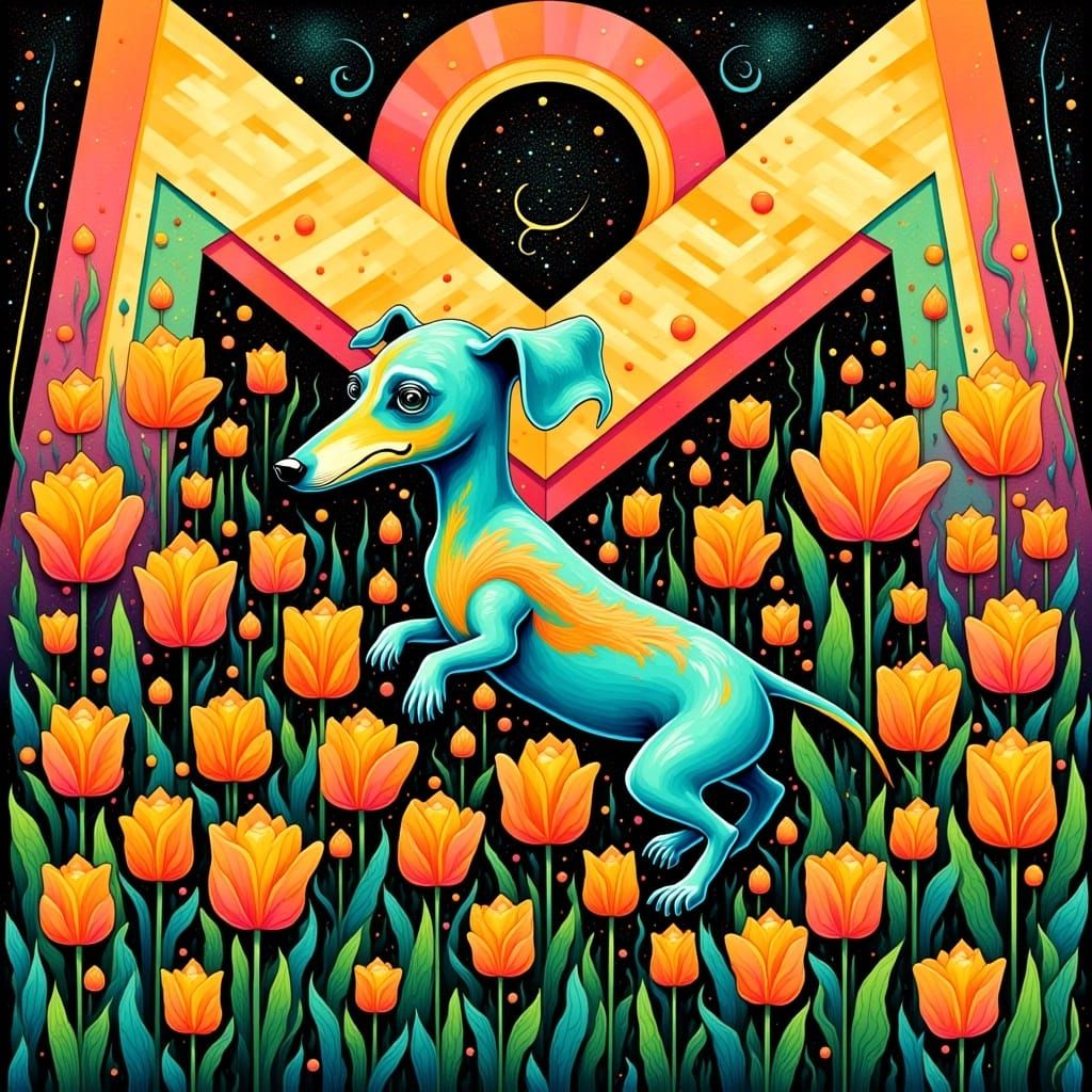 dachshund frolicking in a field of tulips<lora:SybilThorn-Fl...