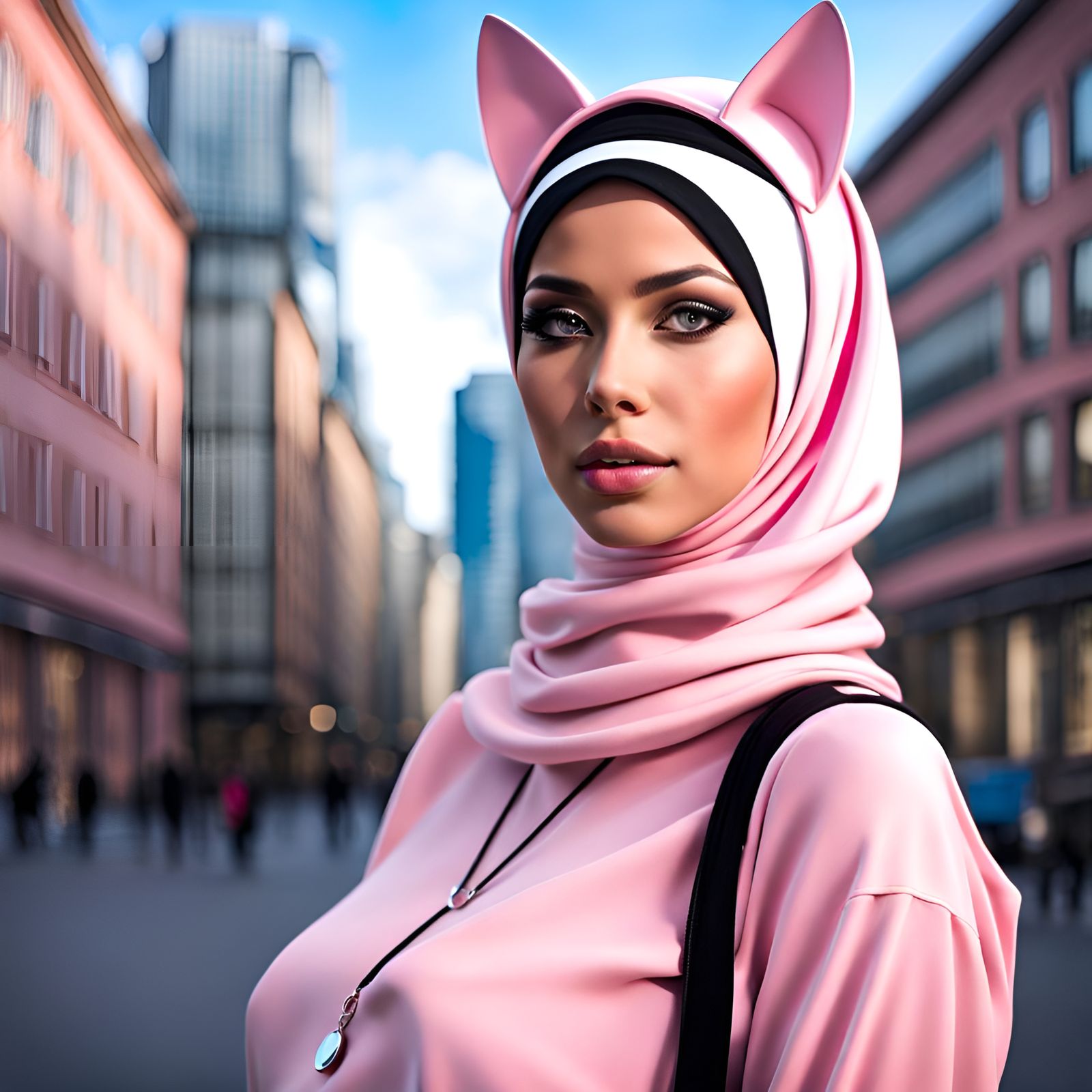 Enticing Hijab Catgirl Portrait in Modern City