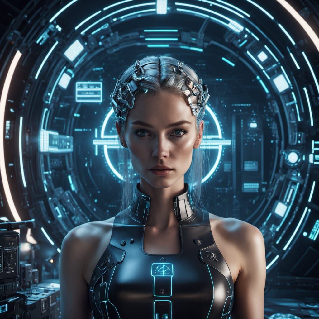 Futuristic Workshop: Woman Surrounded by Sci-Fi Technology