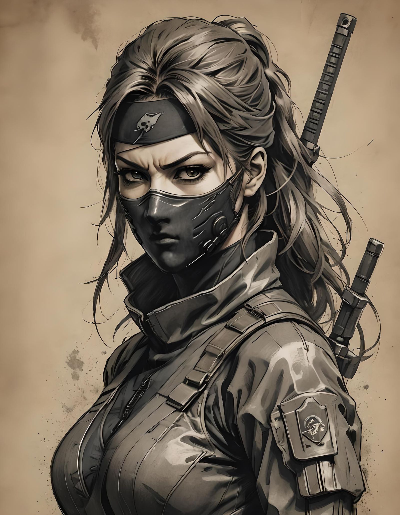 Woman Ninja Soldier Sketch with Sword