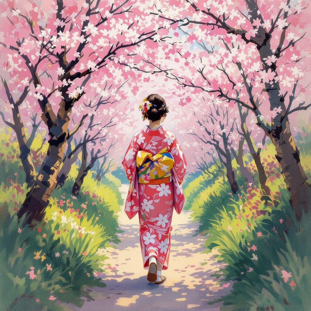 Girl in Kimono Walking Through Cherry Blossom Forest