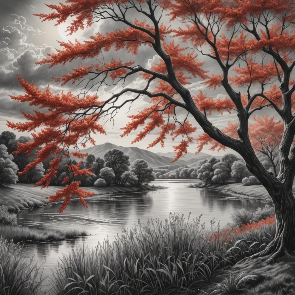 Hyperdetailed Charcoal Drawing of a Willow Tree