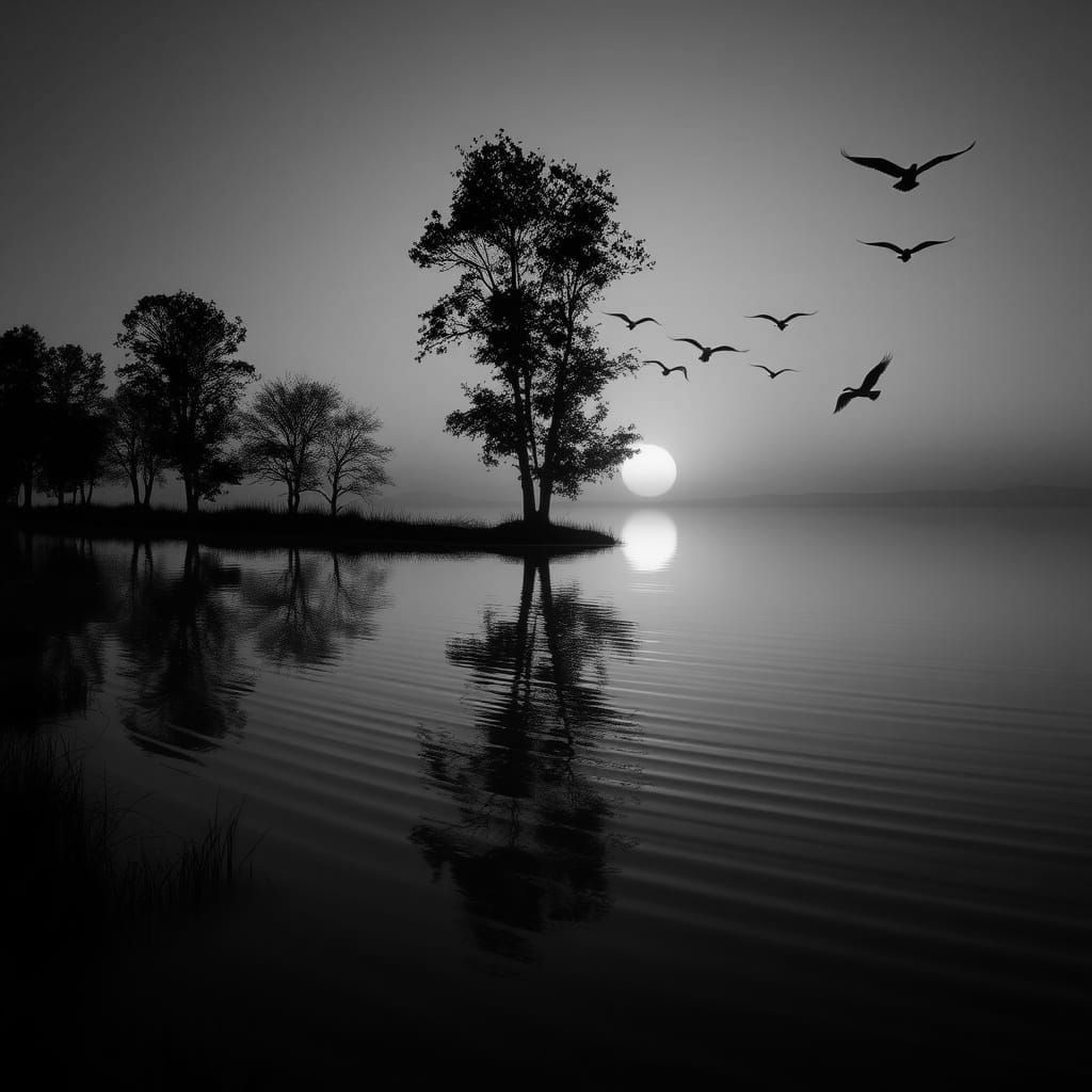 Surreal Sunset Landscape with Silhouetted Trees and Mirrored...