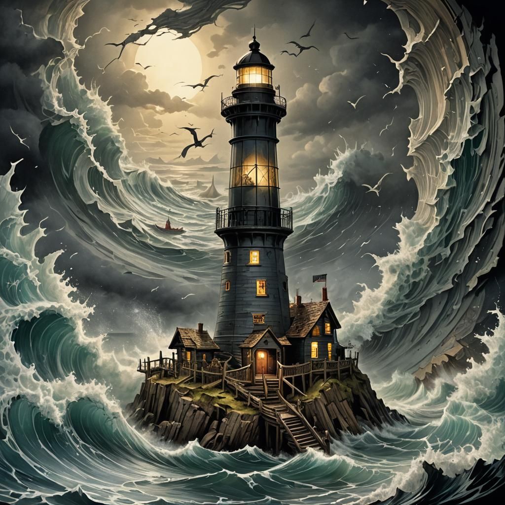 Horror Lighthouse Pop-Up Book in Doré Style