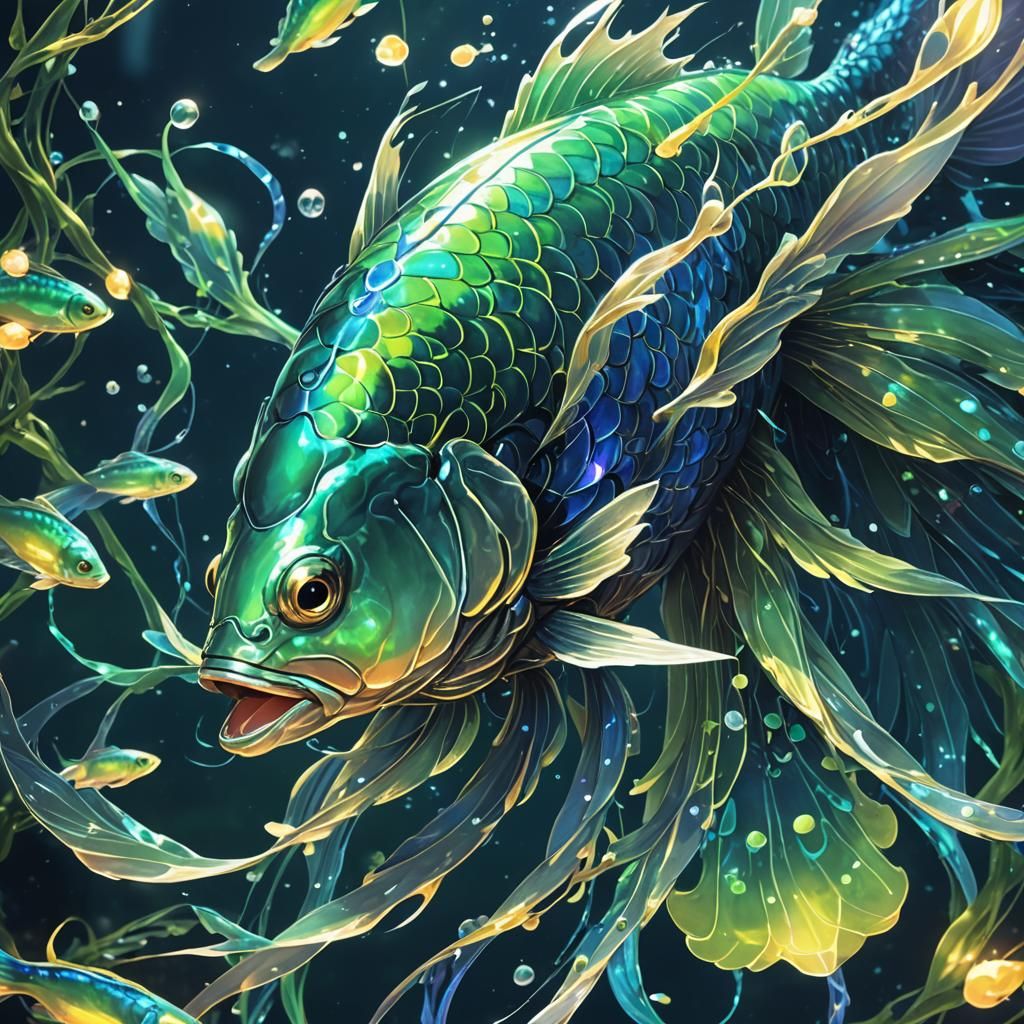 Anime Style Fish Attracts School in Dark Water