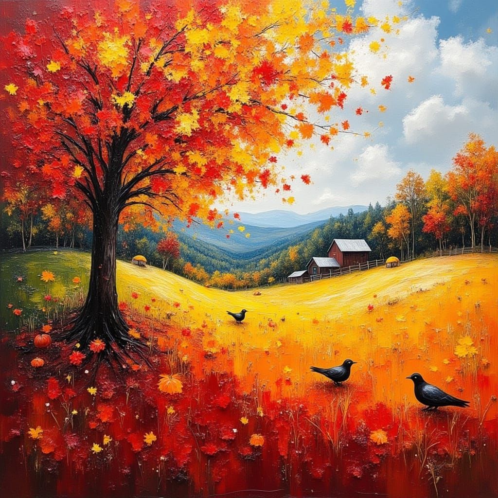 October Rural Landscape in Neo-Impressionist Style