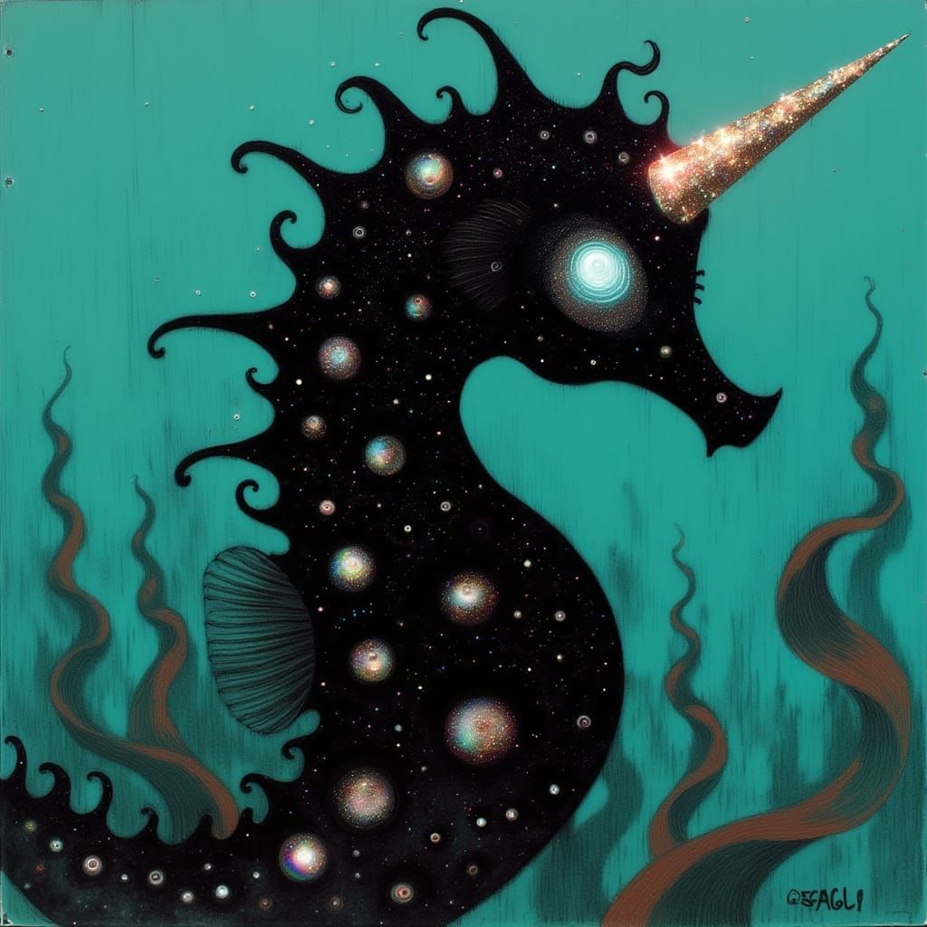 Majestic Seahorse with Unicorn Horn in Dark, Whimsical Ocean...