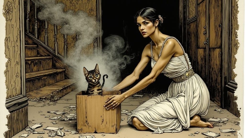 Surprised Woman with Cat in Rackham Style