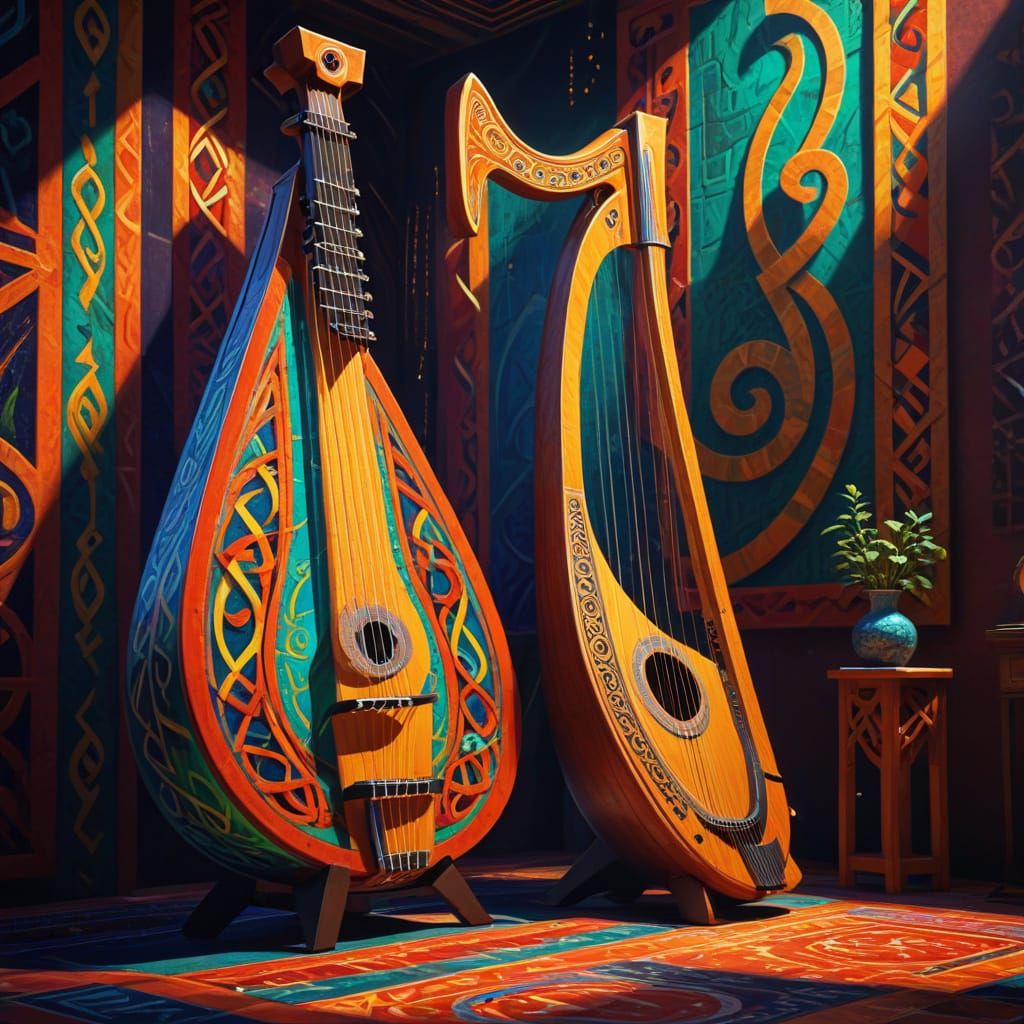 Celtic Harp and Lute in Cubist Style