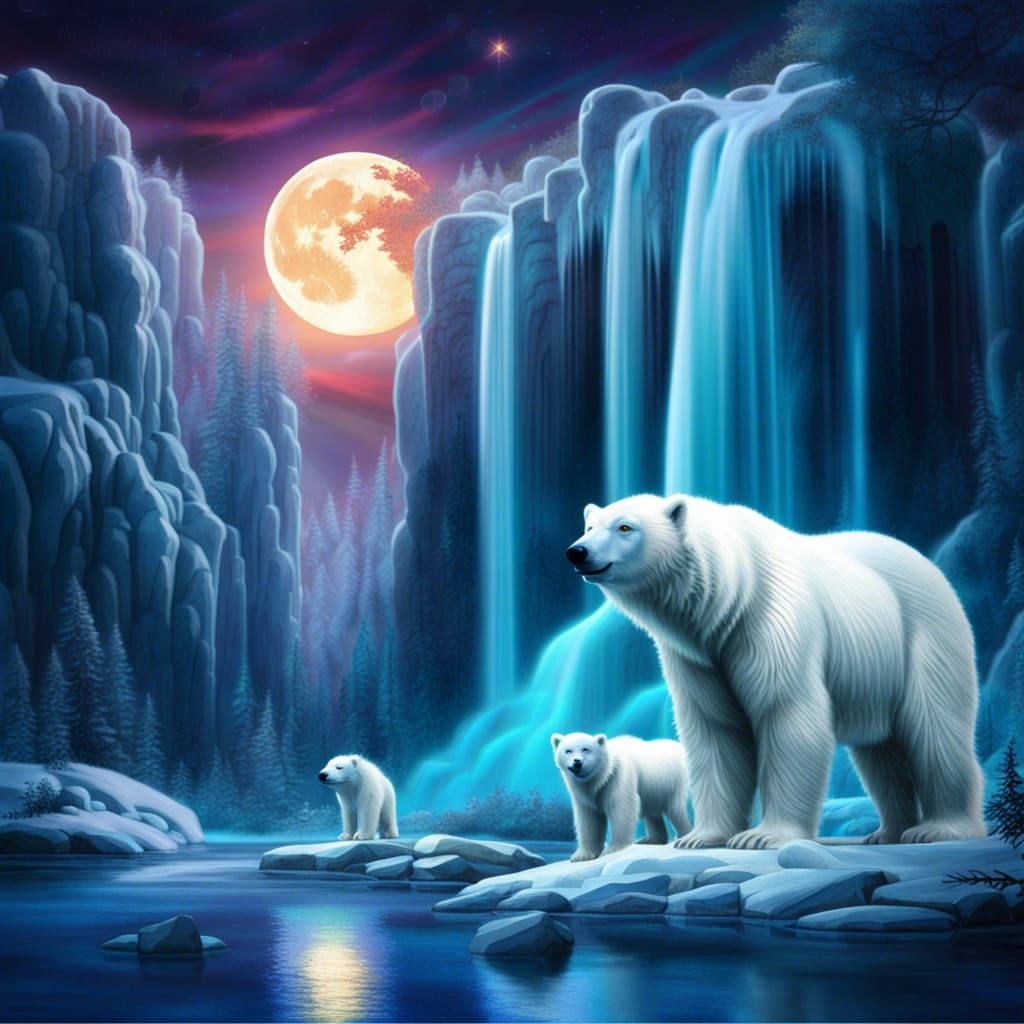Polar Bear Family in Icy Landscape: Fantasy Art