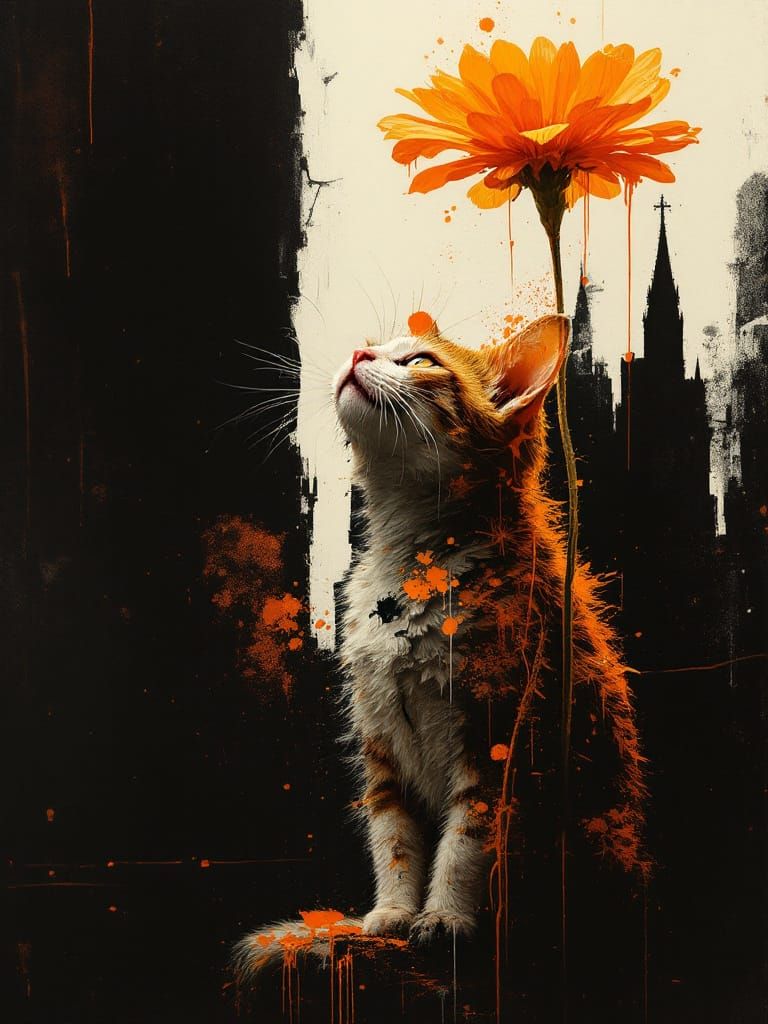 Cat Under Daisy Spires in Zorn-Bacon Style