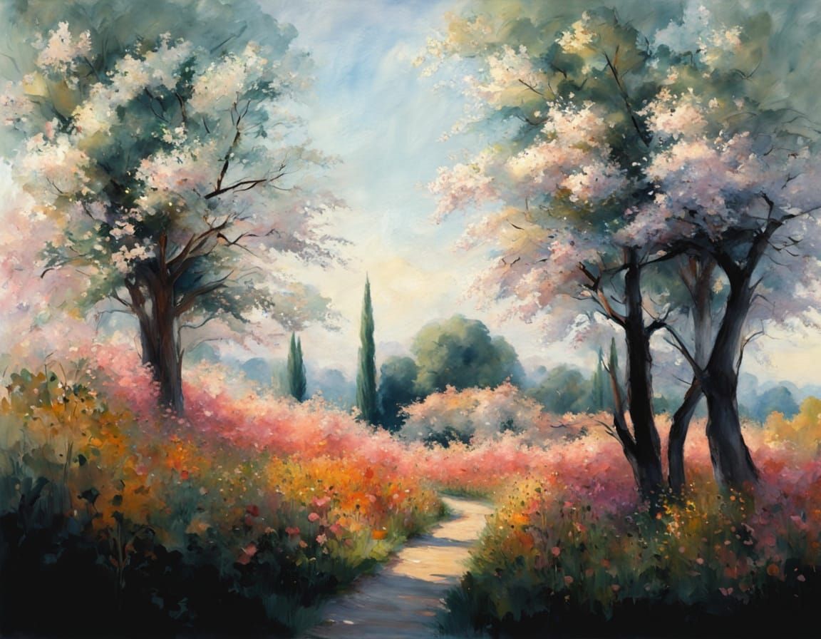 Serene Woman Strolls through a Blooming Garden in Soft Paste...