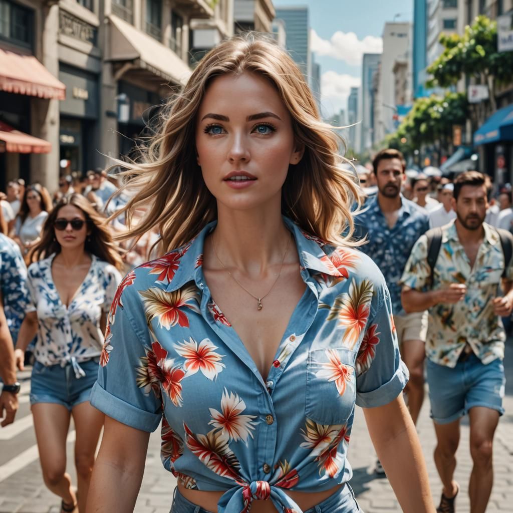Beautiful Woman in Hawaiian Shirt Runs in City