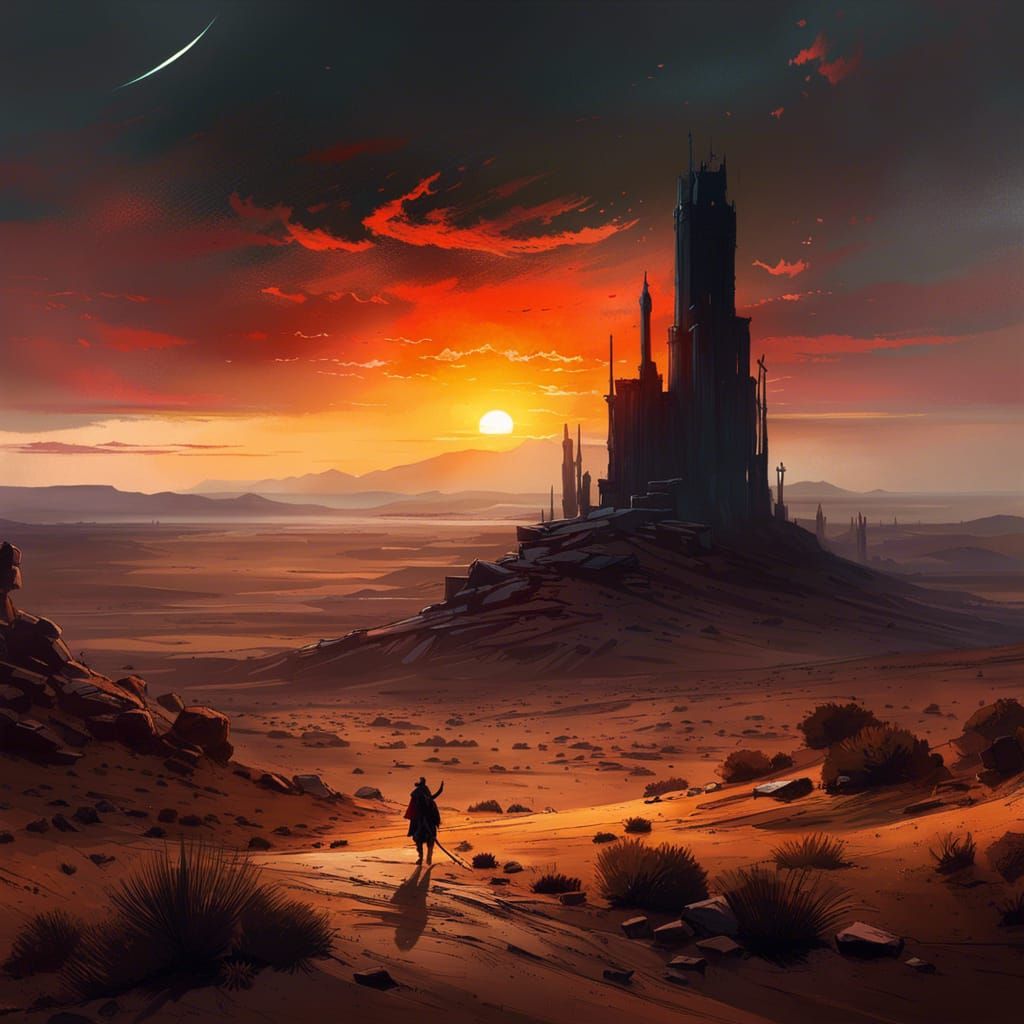 Tragic Desert Sunset in Dark Hyperrealism