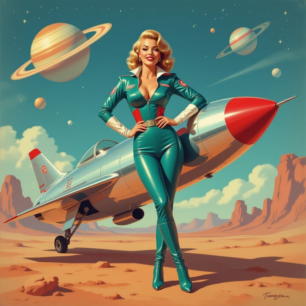 1950s Pin-Up Model Poses with Retro Rocket on Alien Planet