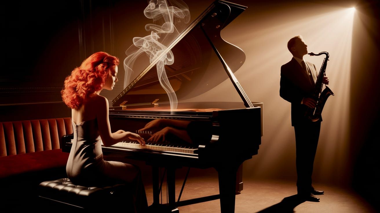 Red-Haired Pianist in Dimly Lit Jazz Club