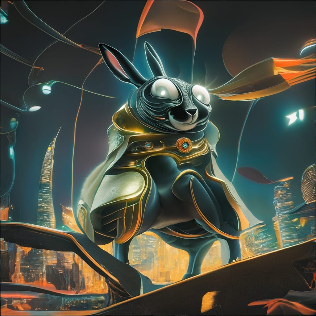 Humanoid Black Rabbit in Aetherpunk Cityscape