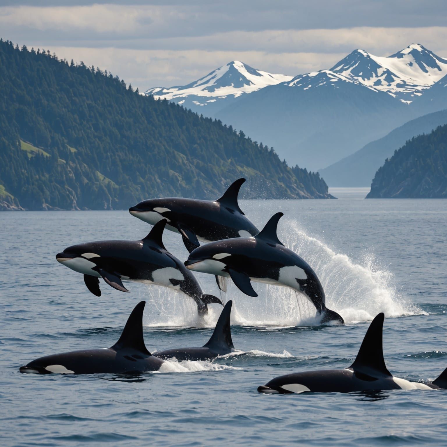 Orca Pod Hunting Salmon in the Pacific Ocean