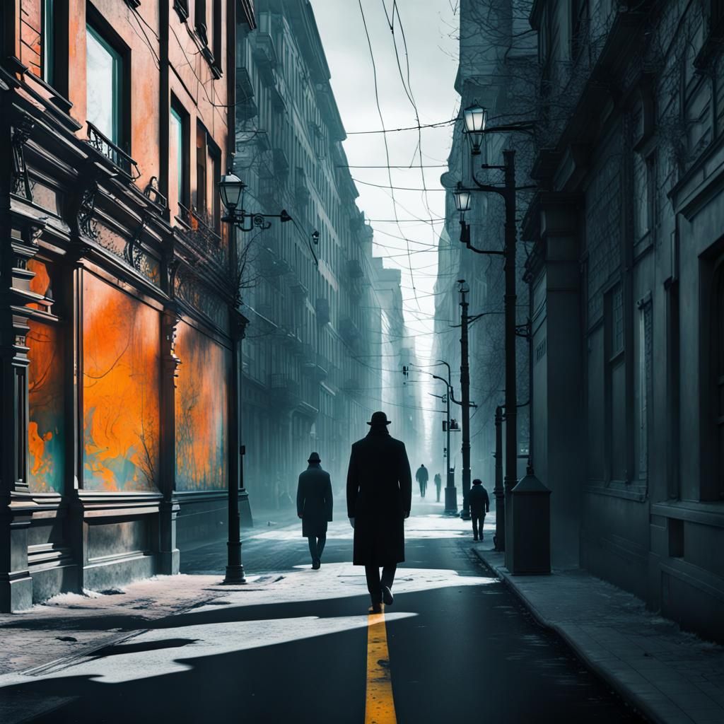 Dramatic Figure Walking Away: Art Nouveau Street Art