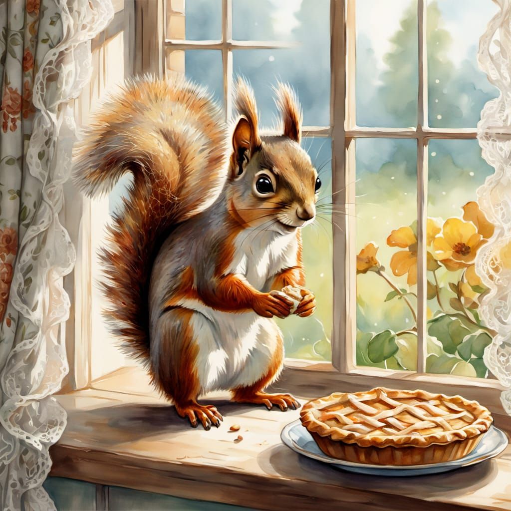 "A naughty squirrel hanging upside down by his bushy tail from a window frame" "reaching daringly with one paw toward a ...