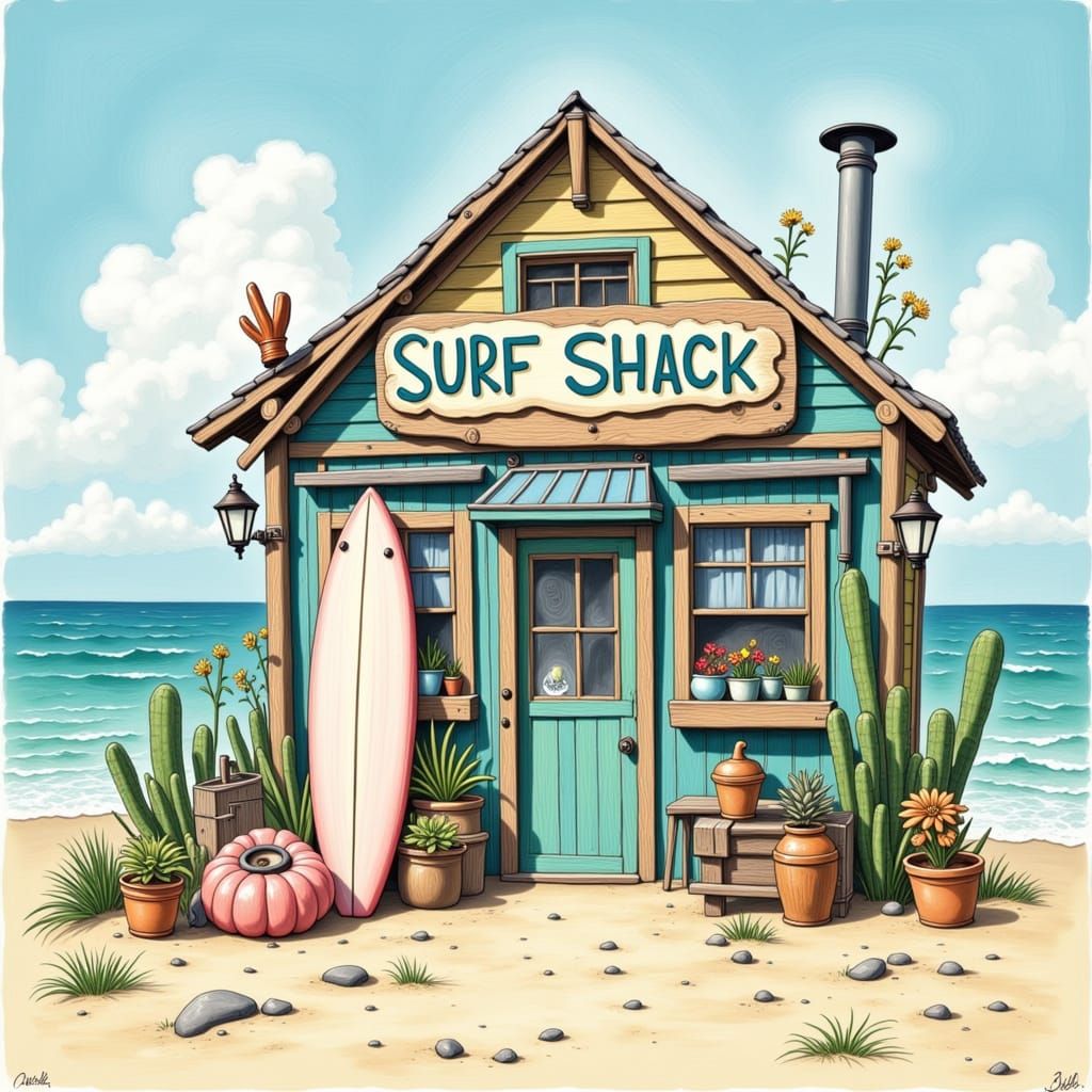 Charming Surf Shack by the Sea in Pastel Colors