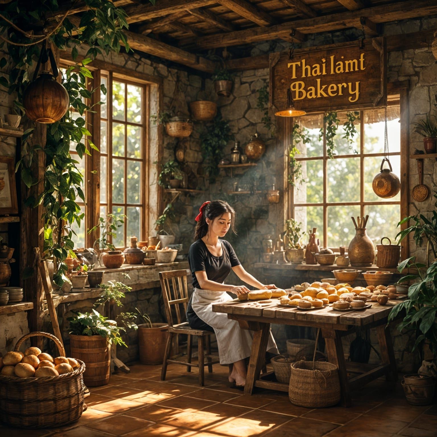 Cozy Rustic Bakery Scene with Thai Baker