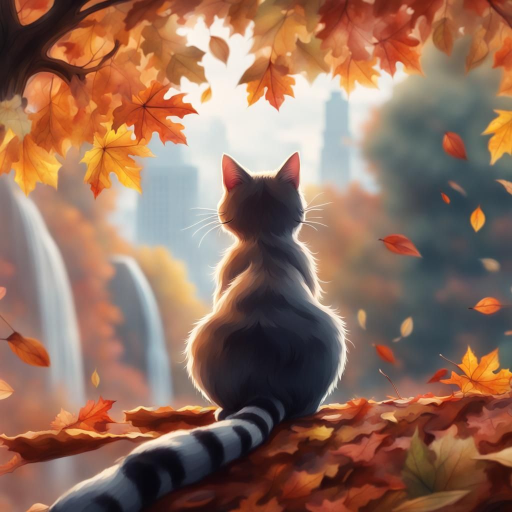 Cartoon Cat Watches Autumn Leaves Fall Watercolor