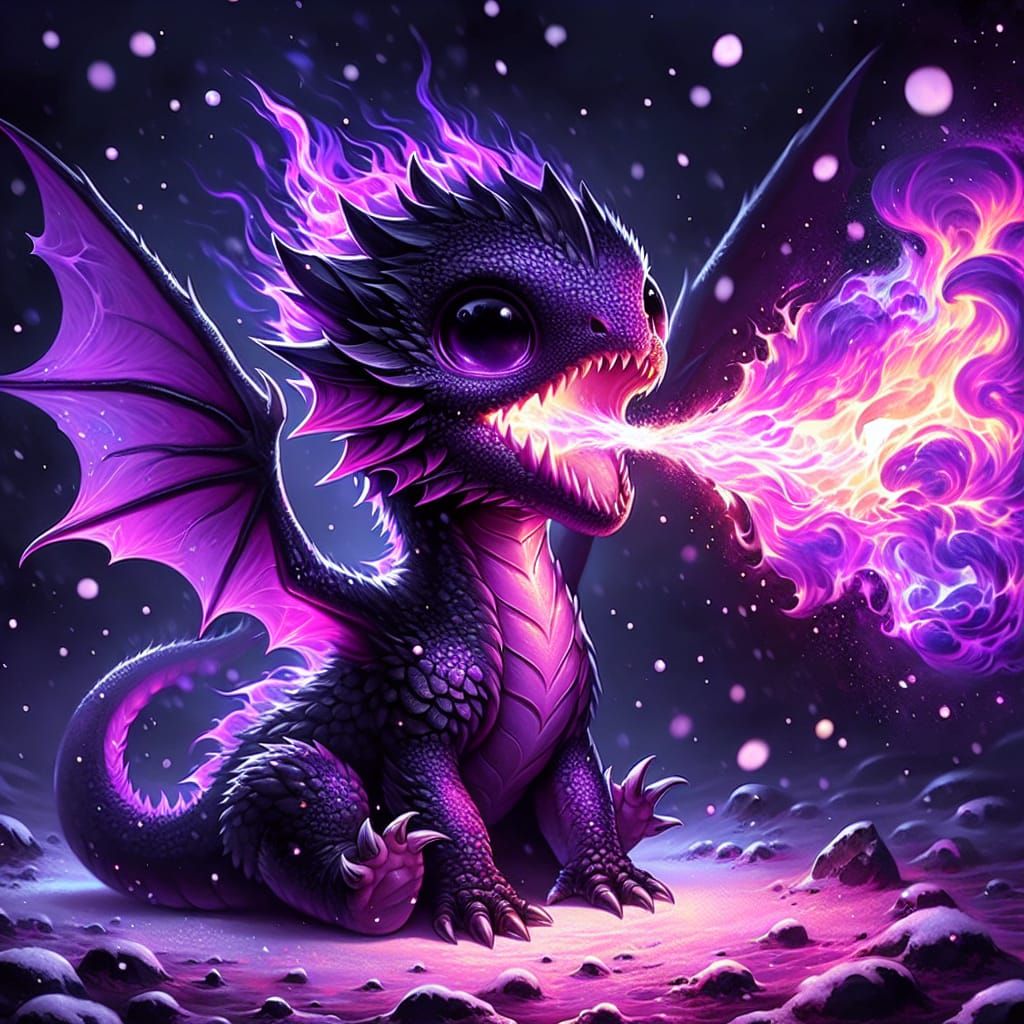 Whimsical Dark Fantasy Scene with Cute Dragon and Snowfall