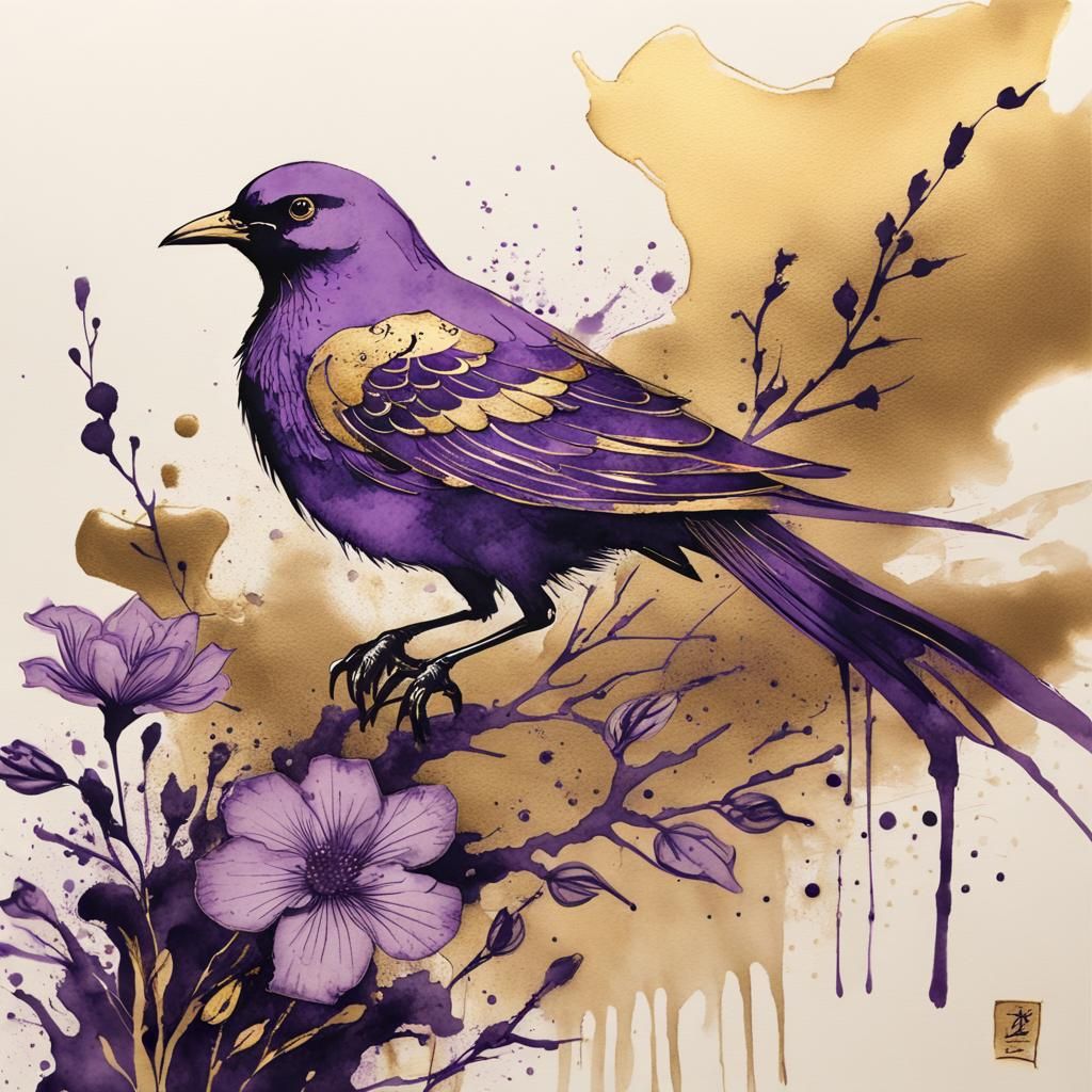 Bio Art Bird with Flowers in Sumi-e Style