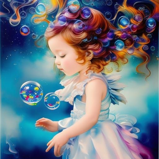 Chibi Angel Blowing Bubbles: Splash Art Portrait