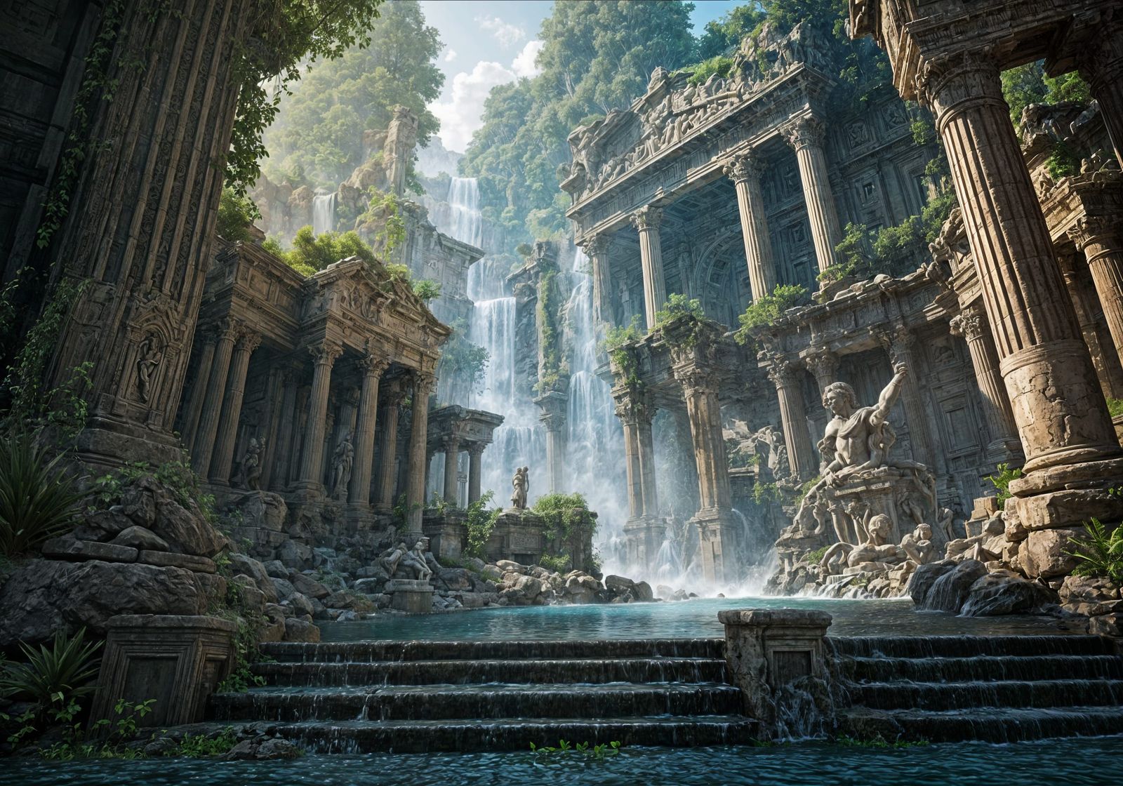 Enchanting Lost City Ruins with Waterfalls