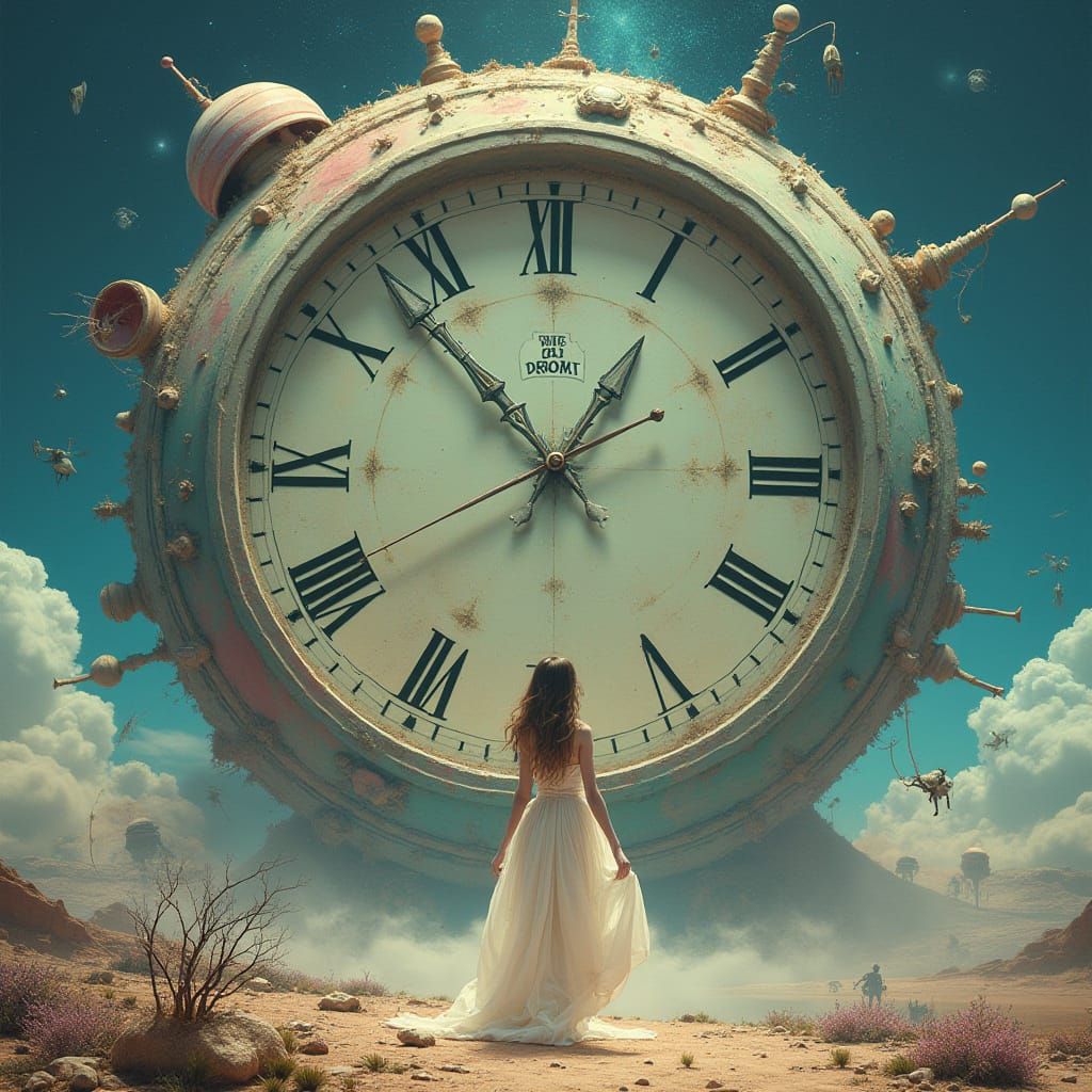 Surreal Woman Stands Beside Massive Clock in Vibrant Psyched...