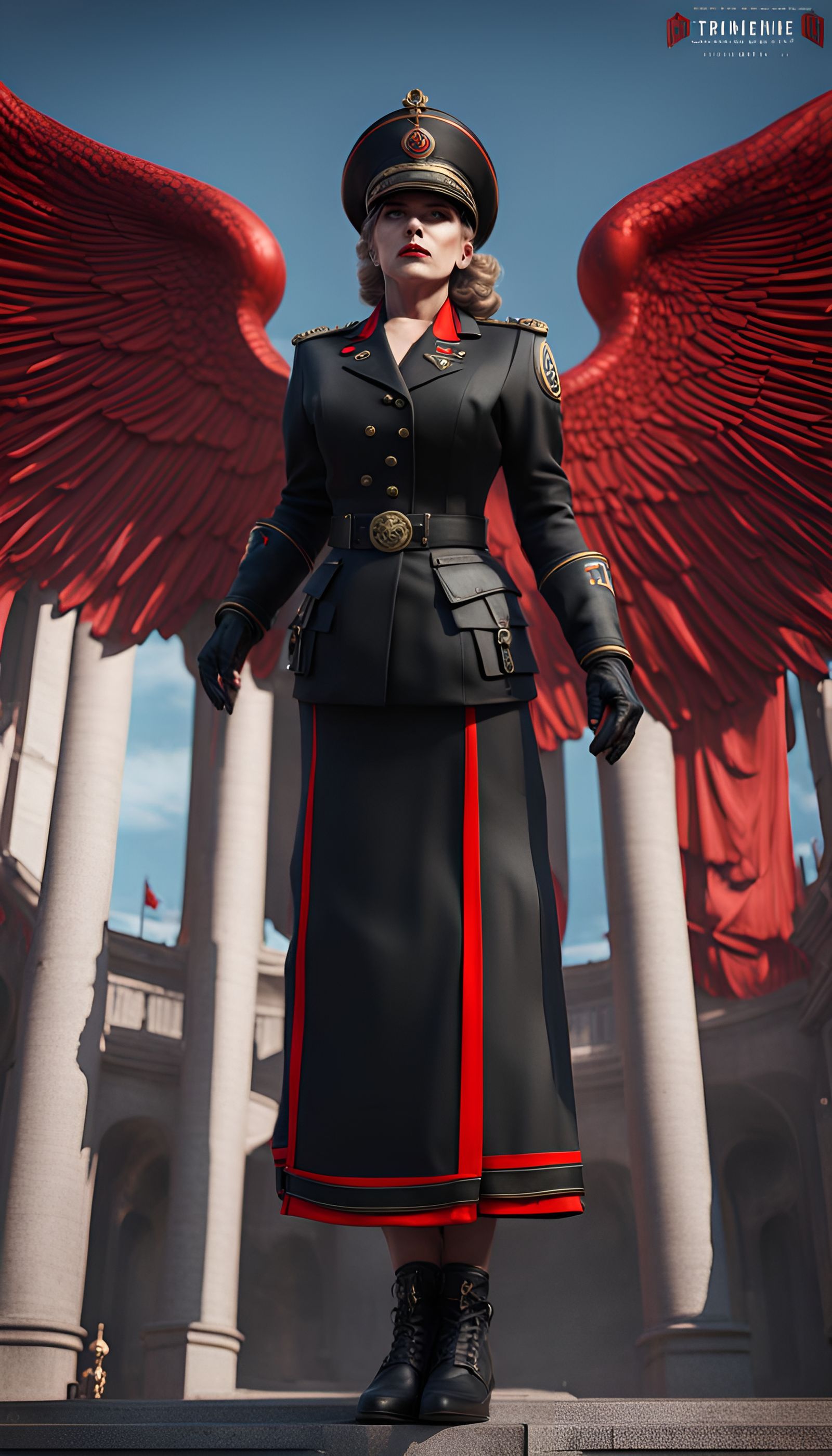 Colossal Woman in Fascist Uniform, Detailed Matte Painting