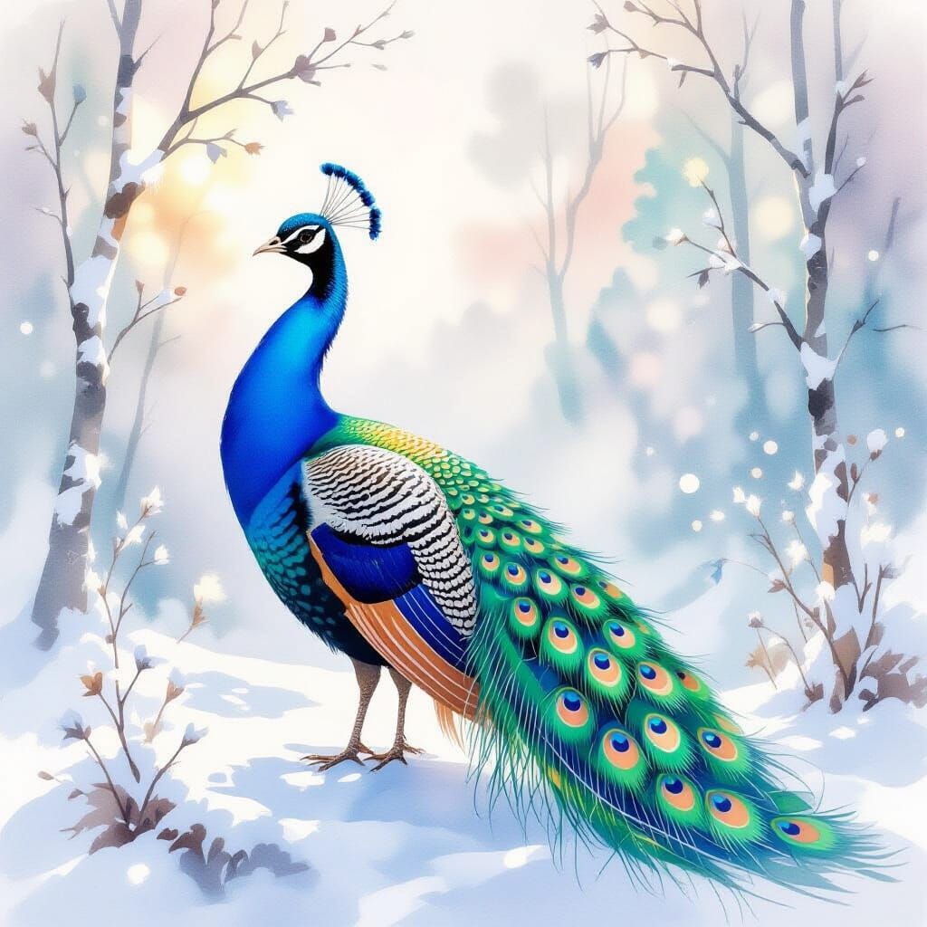 Dreamlike Watercolor Peacock in Pastel Winter Palette