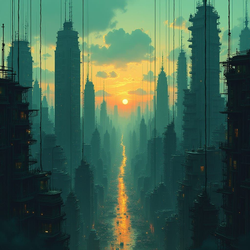 Wire-Strung Cityscape at Dusk