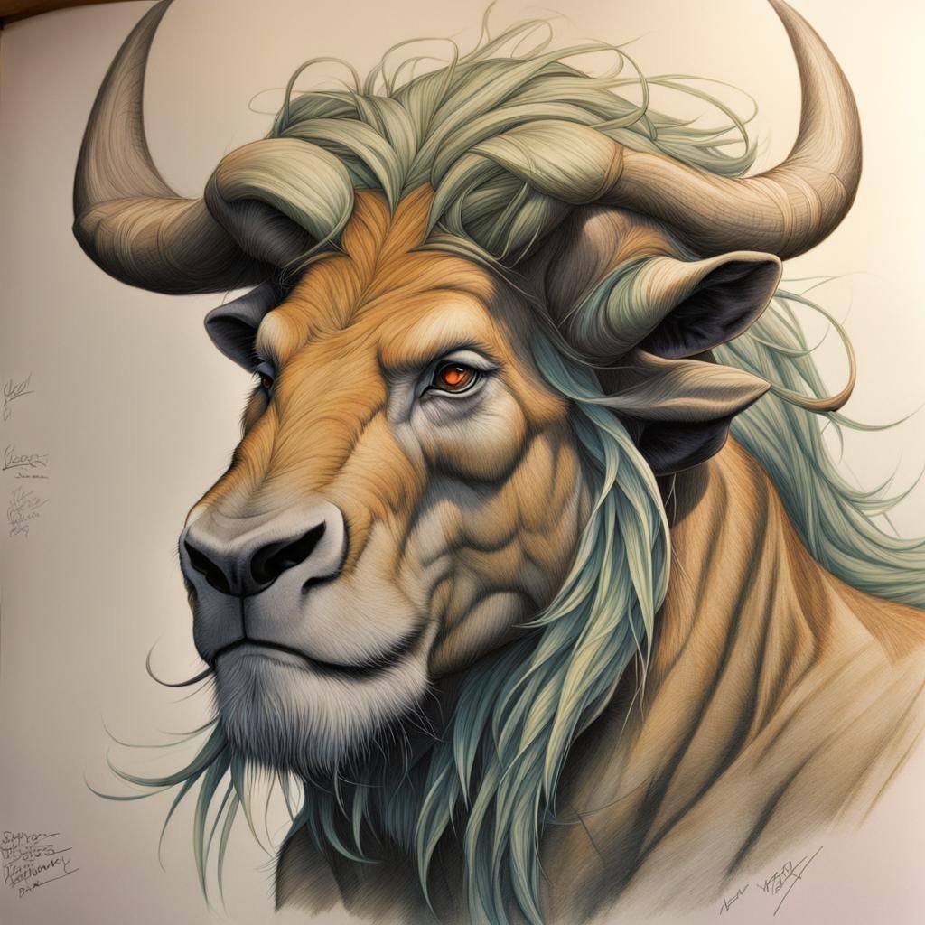 Wildebeest Anatomy Blueprint in Graphic Novel Style