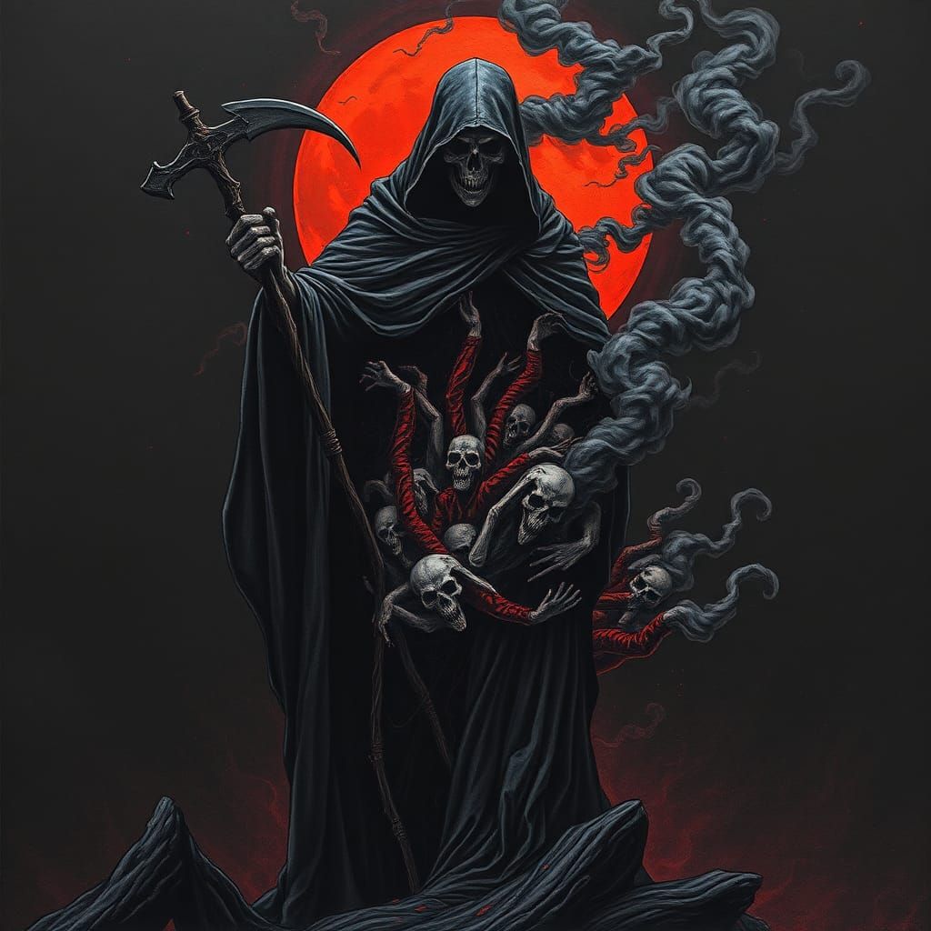 Reaper of Death Silhouette Before Red Moon